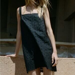 NWT Doen Carina Cotton Poplin Eyelet Trim Sleeveless Cami Tank Mini Dress Black